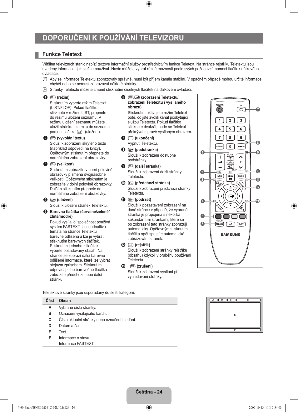 Doporučení k používání televizoru, Funkce teletext | Samsung LE32B460B2W User Manual | Page 218 / 328