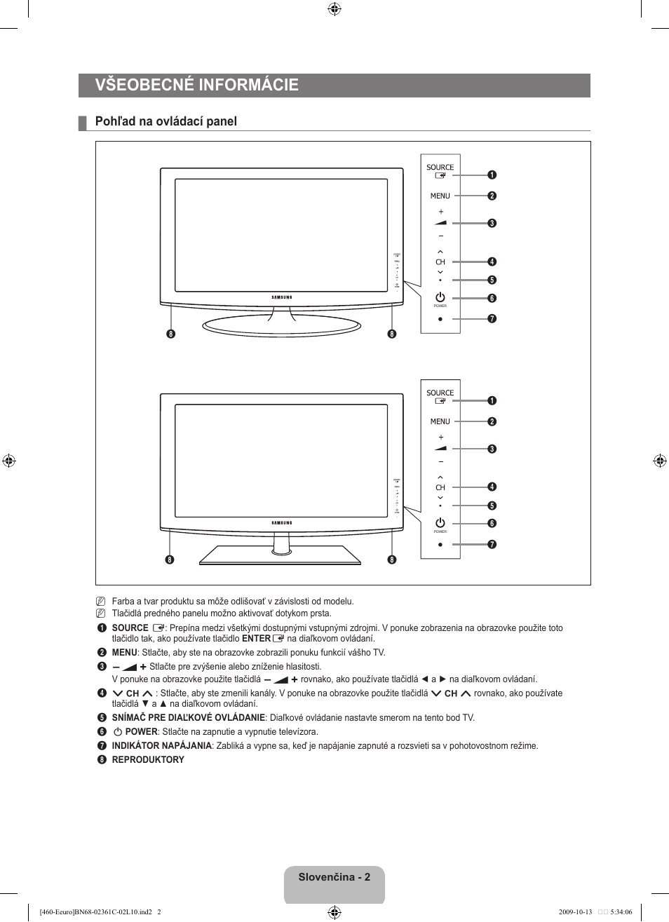 Všeobecné informácie, Pohľad na ovládací panel | Samsung LE32B460B2W User Manual | Page 228 / 328