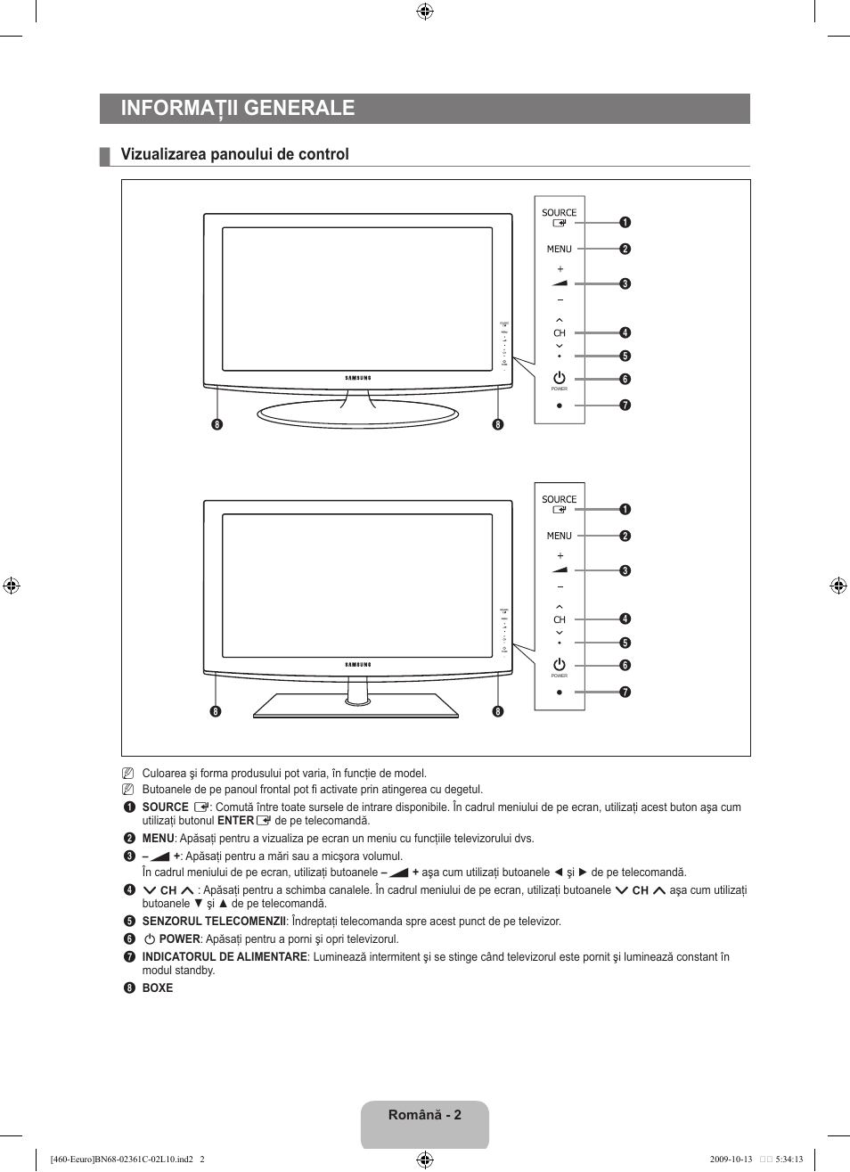 Informaţii generale, Vizualizarea panoului de control | Samsung LE32B460B2W User Manual | Page 260 / 328