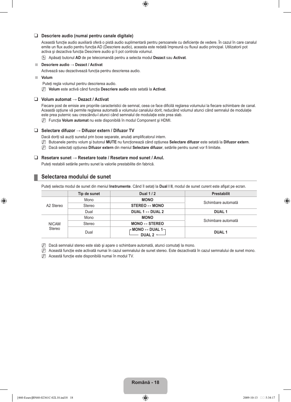 Selectarea modului de sunet | Samsung LE32B460B2W User Manual | Page 276 / 328
