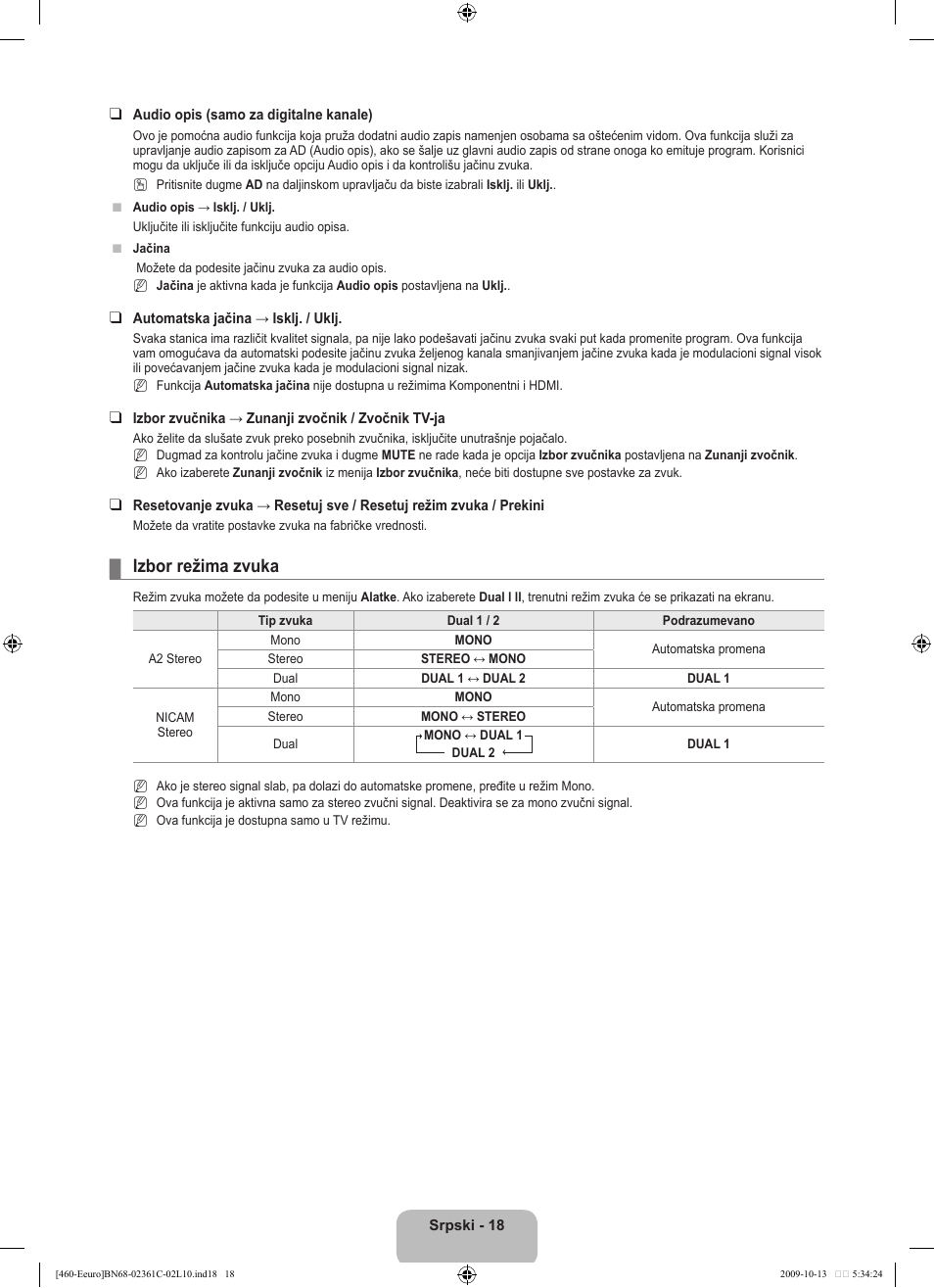 Izbor režima zvuka | Samsung LE32B460B2W User Manual | Page 308 / 328