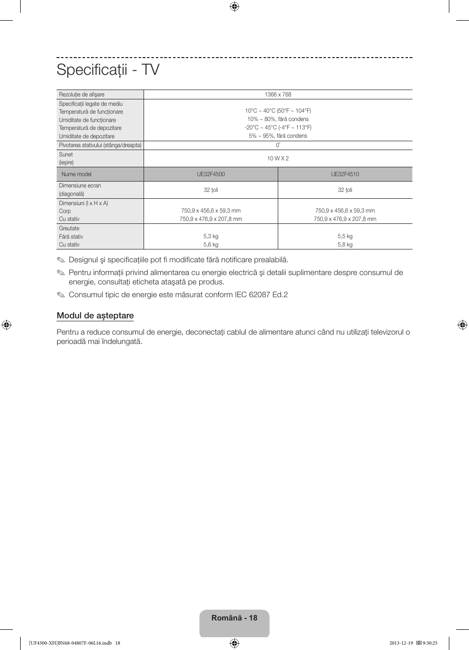 Specificaţii - tv | Samsung UE32F4500AW User Manual | Page 162 / 289