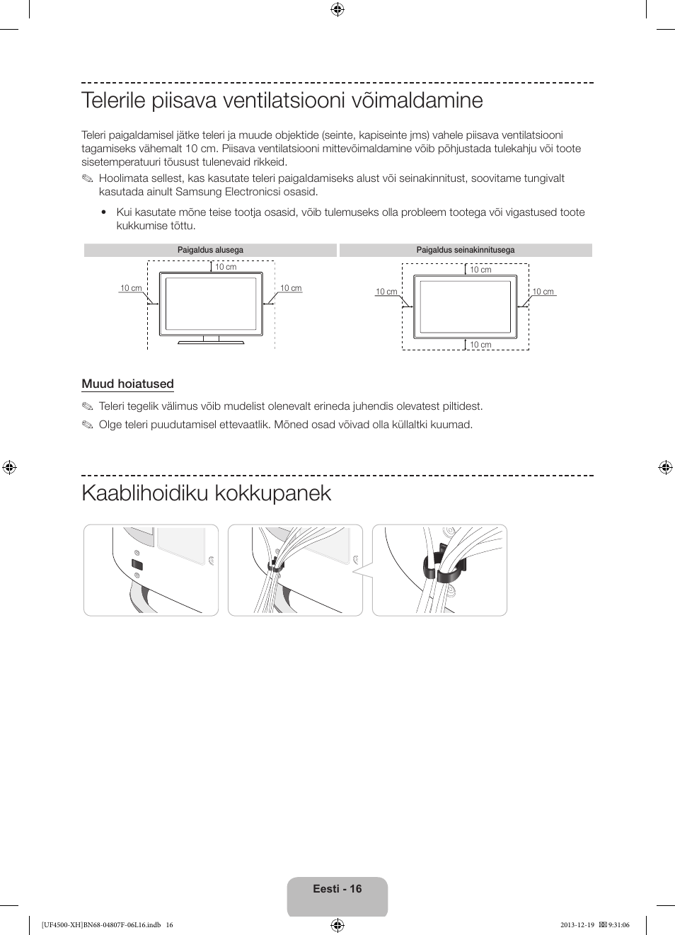 Telerile piisava ventilatsiooni võimaldamine, Kaablihoidiku kokkupanek | Samsung UE32F4500AW User Manual | Page 286 / 289
