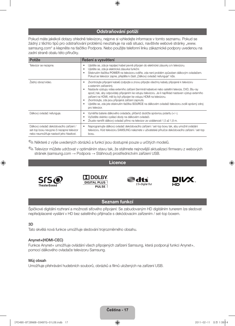 Odstraňování potíží, Licence seznam funkcí | Samsung PS43D490A1W User Manual | Page 37 / 166