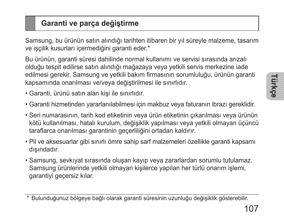 Garanti ve parça değiştirme | Samsung HM6400 User Manual | Page 109 / 187