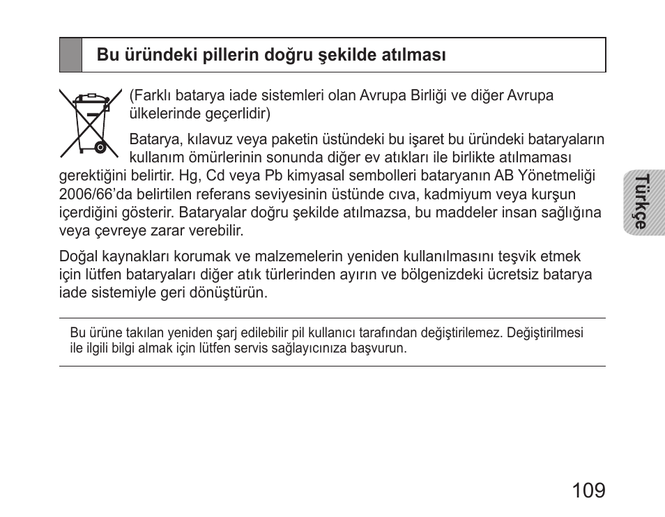 Bu üründeki pillerin doğru şekilde atılması | Samsung HM6400 User Manual | Page 111 / 187