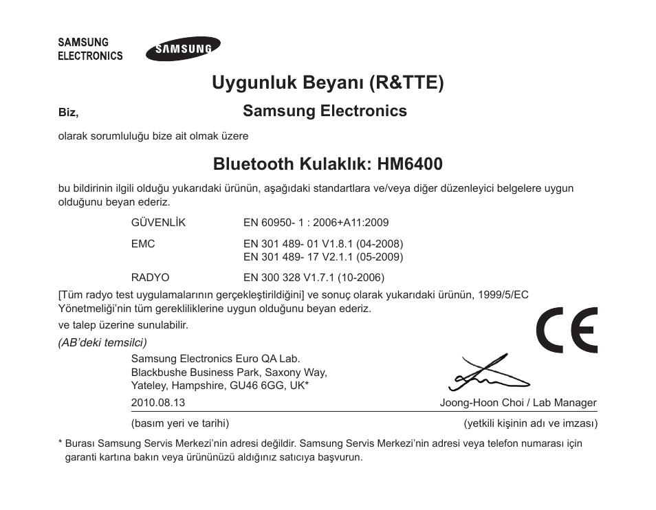 Uygunluk beyanı (r&tte), Bluetooth kulaklık: hm6400, Samsung electronics | Samsung HM6400 User Manual | Page 113 / 187
