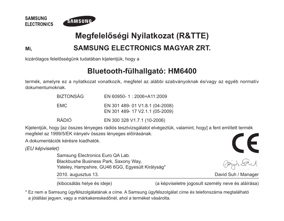 Megfelelőségi nyilatkozat (r&tte), Bluetooth-fülhallgató: hm6400, Samsung electronics magyar zrt | Samsung HM6400 User Manual | Page 186 / 187