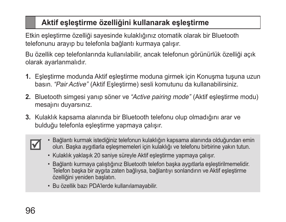 Aktif eşleştirme özelliğini kullanarak eşleştirme | Samsung HM6400 User Manual | Page 98 / 187