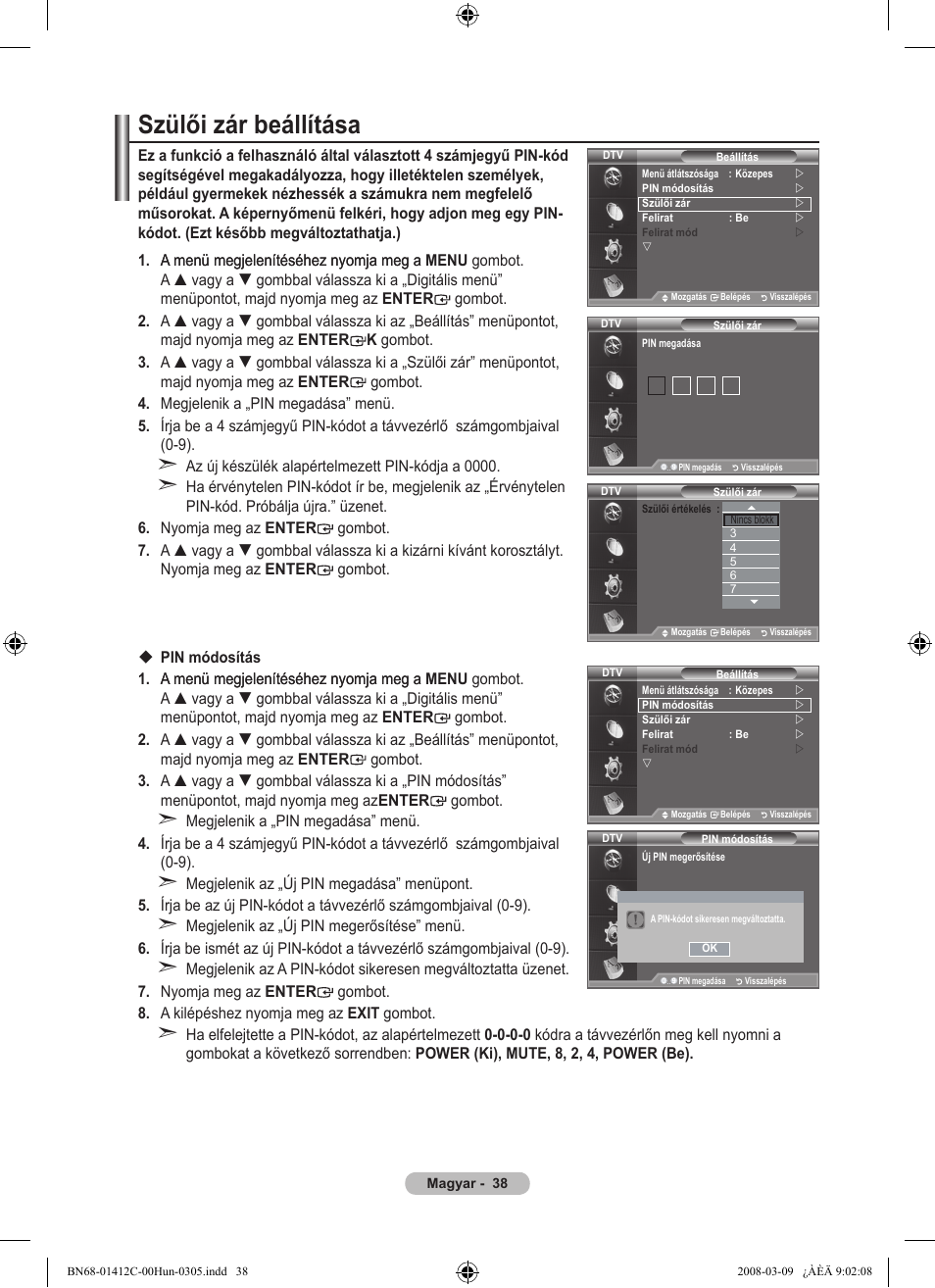Szülői zár beállítása | Samsung LE37A656A1F User Manual | Page 108 / 614