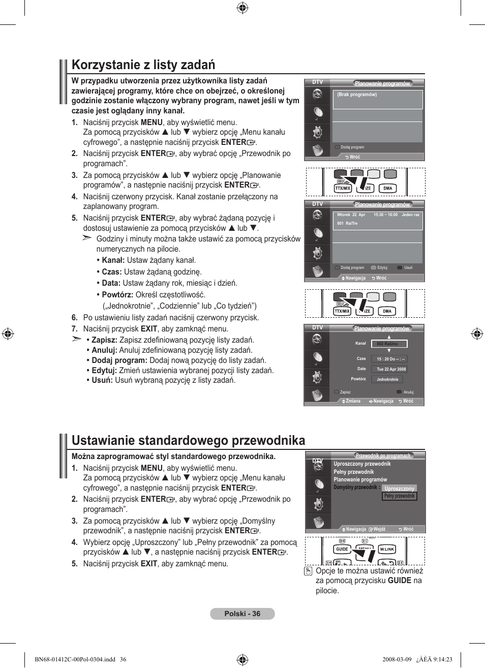 Korzystanie z listy zadań, Ustawianie standardowego przewodnika | Samsung LE37A656A1F User Manual | Page 174 / 614