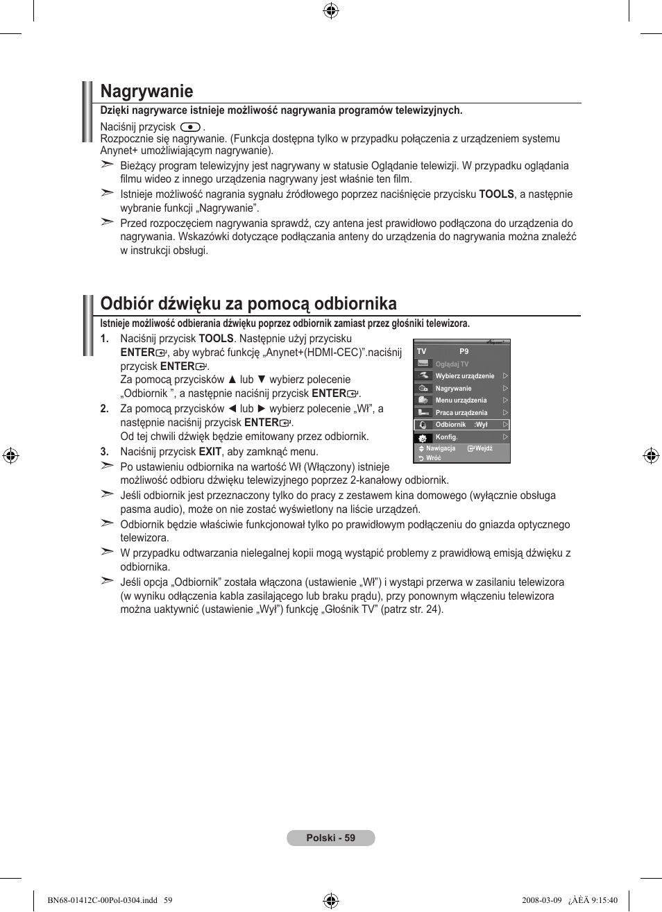 Nagrywanie, Odbiór dźwięku za pomocą odbiornika | Samsung LE37A656A1F User Manual | Page 197 / 614