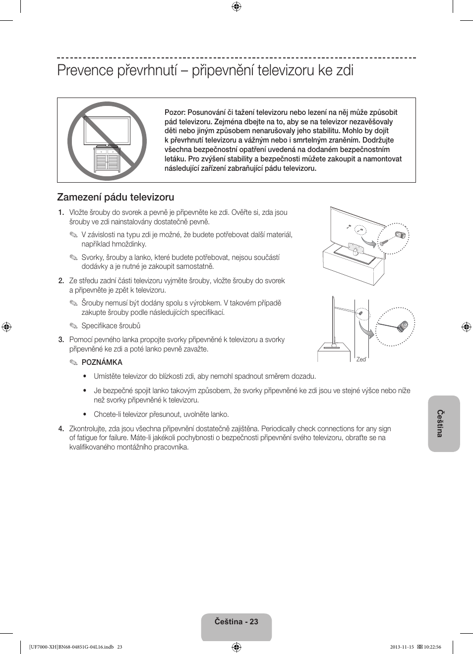 Prevence převrhnutí – připevnění televizoru ke zdi, Zamezení pádu televizoru | Samsung UE40F7000ST User Manual | Page 167 / 385
