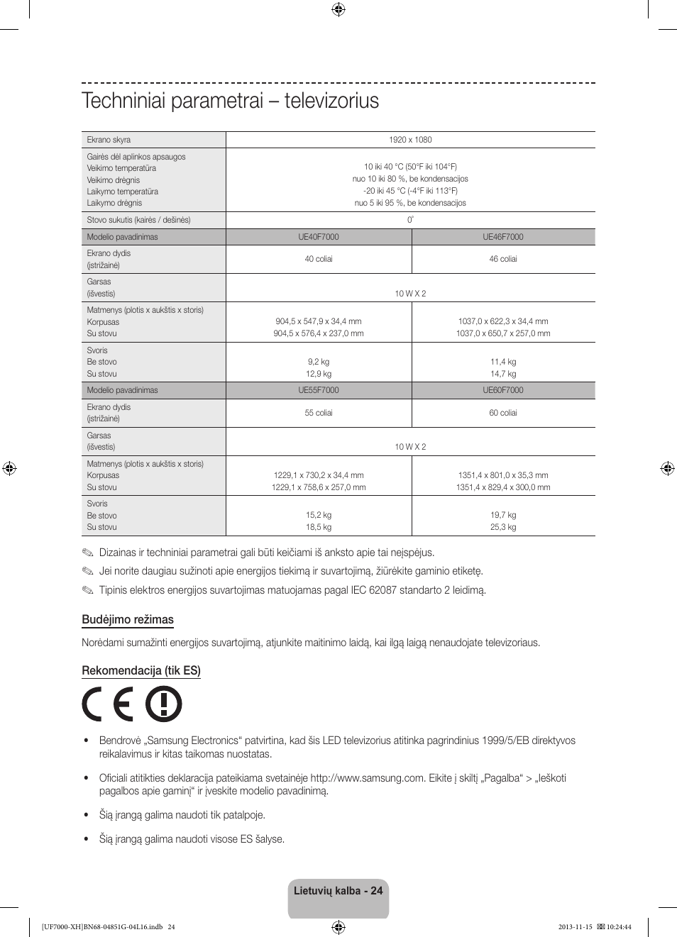 Techniniai parametrai – televizorius | Samsung UE40F7000ST User Manual | Page 360 / 385