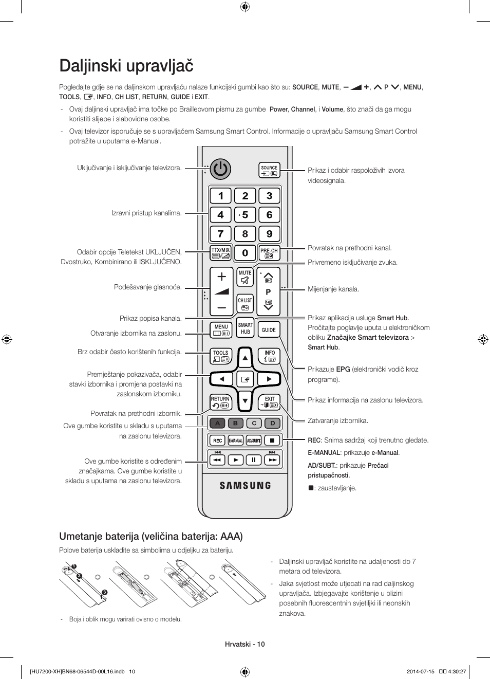 Daljinski upravljač, Umetanje baterija (veličina baterija: aaa) | Samsung UE65HU7200U User Manual | Page 130 / 385