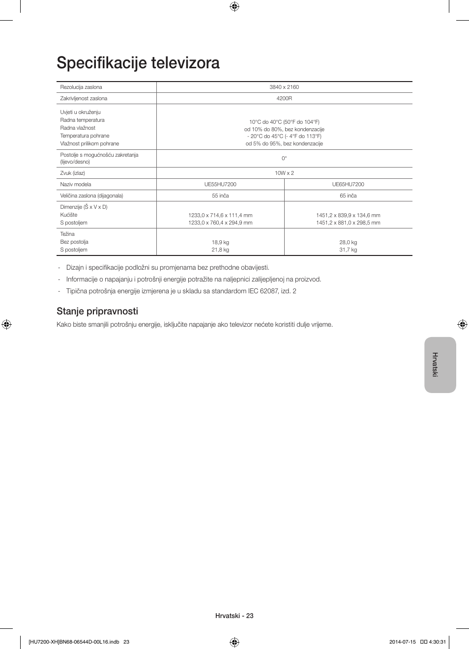 Specifikacije televizora, Stanje pripravnosti | Samsung UE65HU7200U User Manual | Page 143 / 385