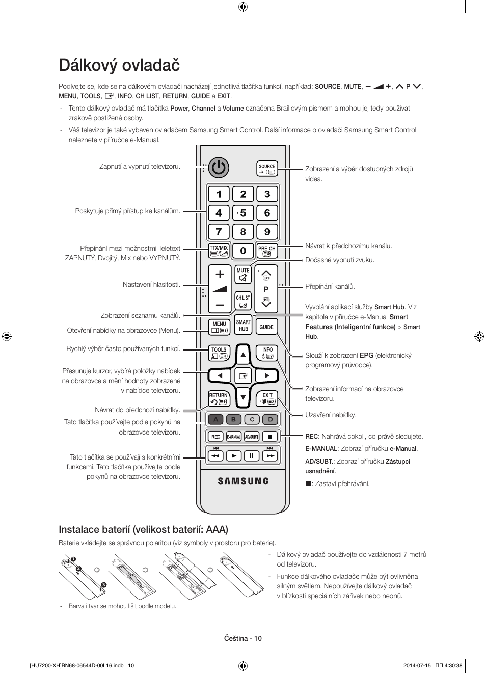 Dálkový ovladač, Instalace baterií (velikost baterií: aaa) | Samsung UE65HU7200U User Manual | Page 154 / 385