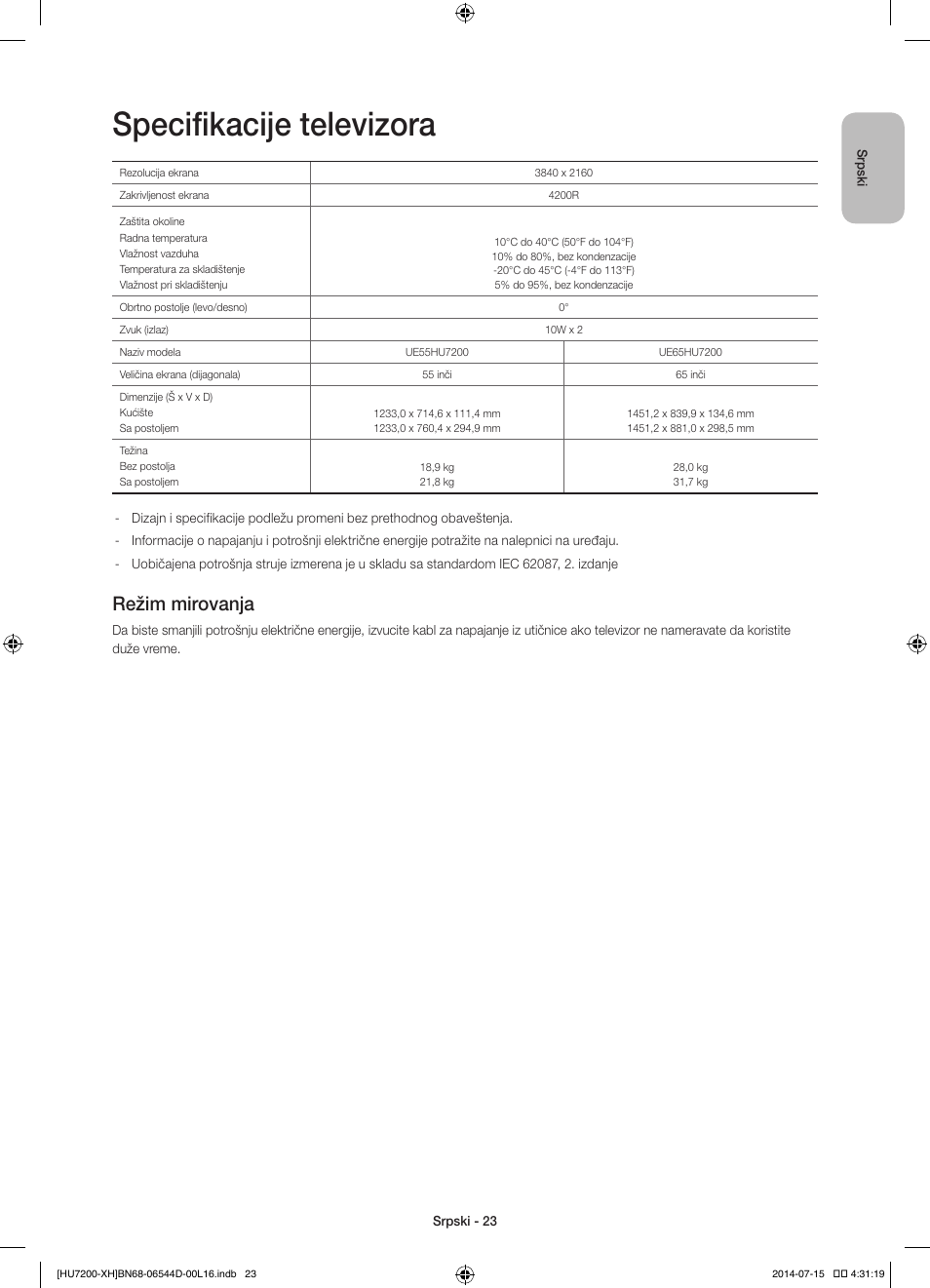 Specifikacije televizora, Režim mirovanja | Samsung UE65HU7200U User Manual | Page 239 / 385