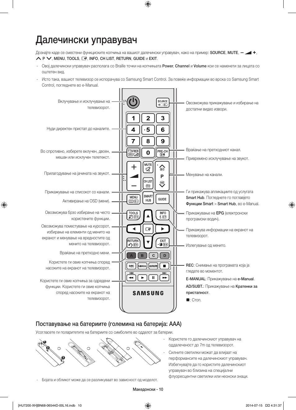 Далечински управувач | Samsung UE65HU7200U User Manual | Page 274 / 385