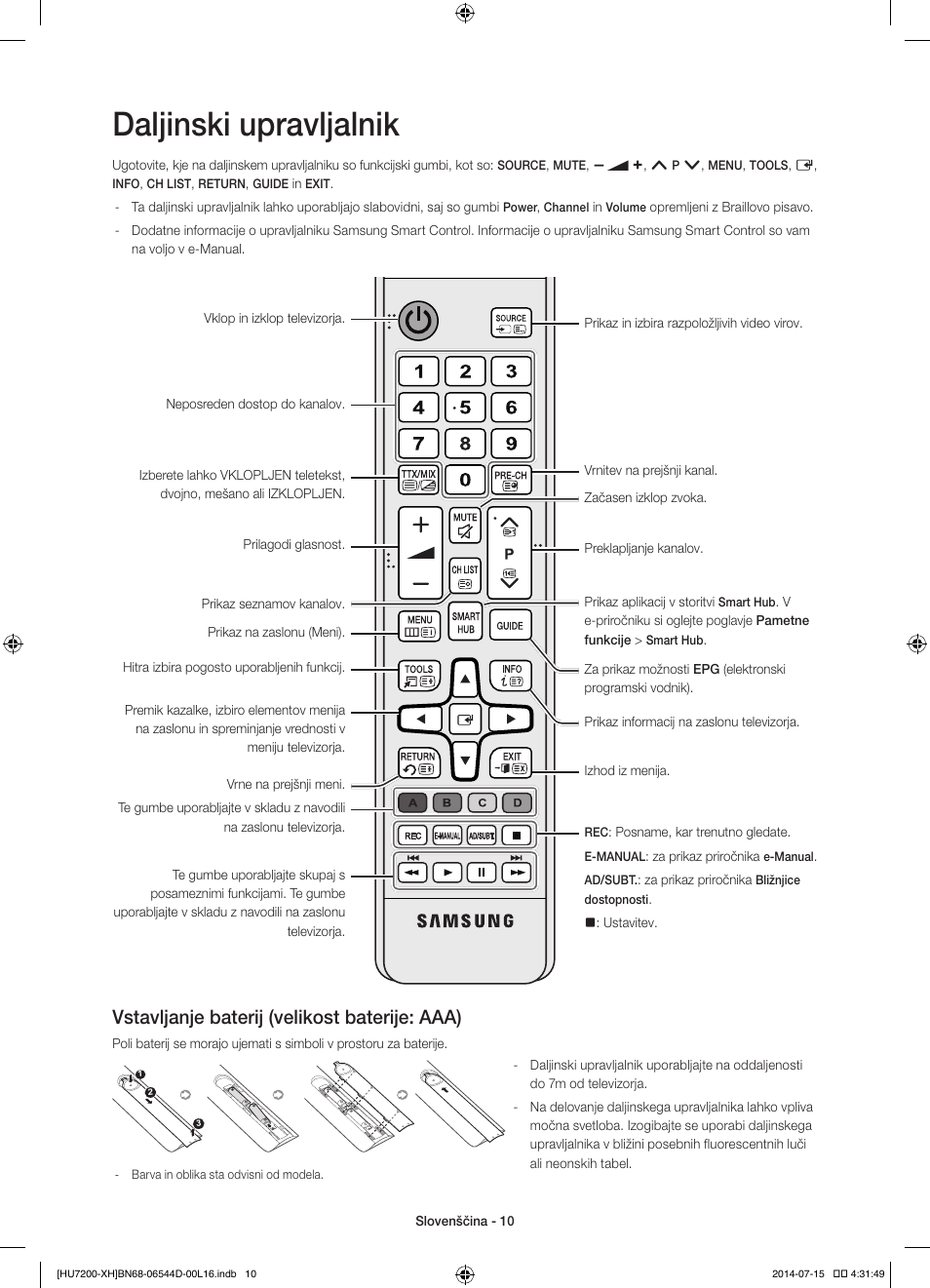 Daljinski upravljalnik, Vstavljanje baterij (velikost baterije: aaa) | Samsung UE65HU7200U User Manual | Page 298 / 385