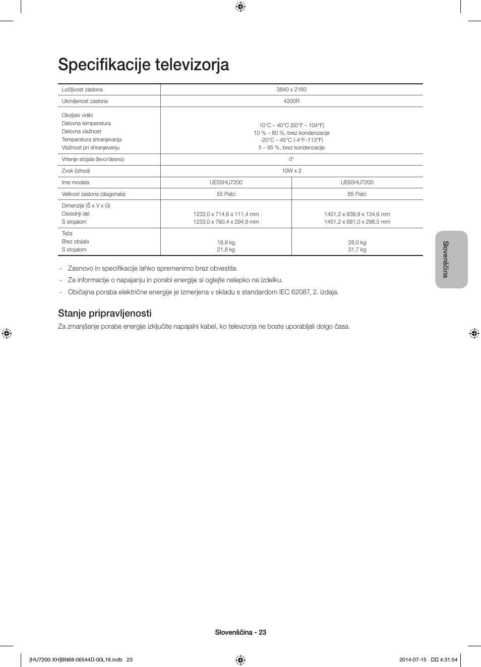 Specifikacije televizorja, Stanje pripravljenosti | Samsung UE65HU7200U User Manual | Page 311 / 385