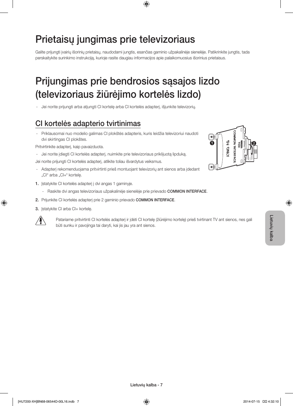Prietaisų jungimas prie televizoriaus, Ci kortelės adapterio tvirtinimas | Samsung UE65HU7200U User Manual | Page 343 / 385