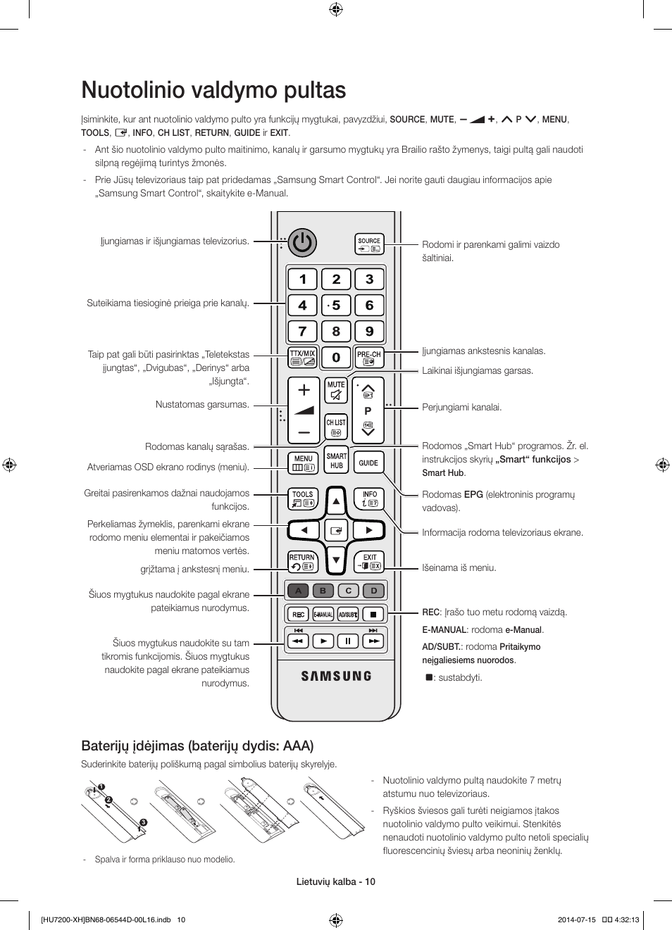 Nuotolinio valdymo pultas, Baterijų įdėjimas (baterijų dydis: aaa) | Samsung UE65HU7200U User Manual | Page 346 / 385
