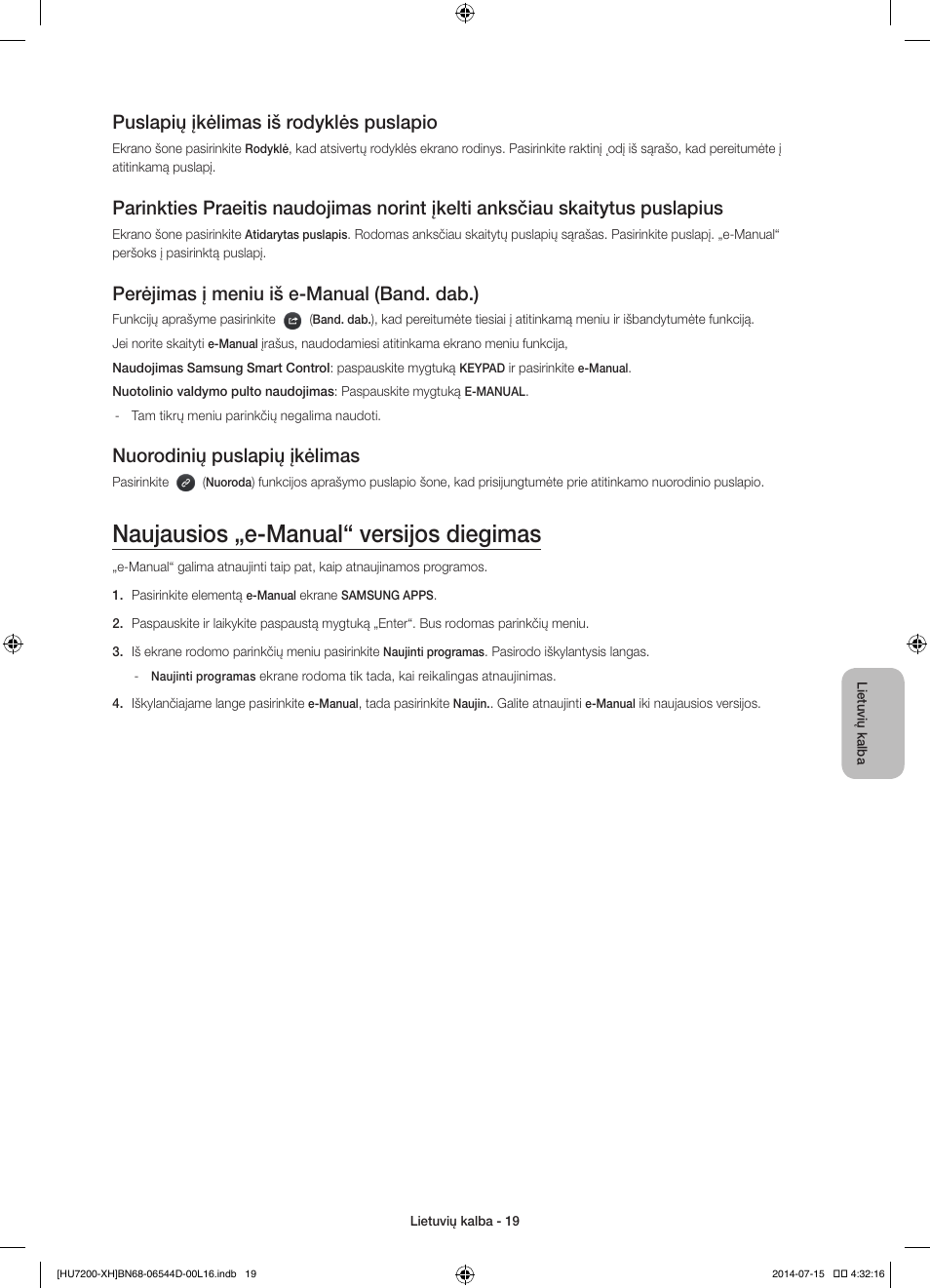 Naujausios „e-manual“ versijos diegimas, Puslapių įkėlimas iš rodyklės puslapio, Perėjimas į meniu iš e-manual (band. dab.) | Nuorodinių puslapių įkėlimas | Samsung UE65HU7200U User Manual | Page 355 / 385