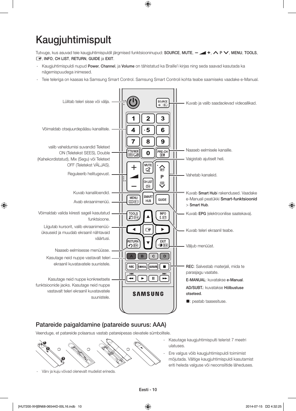 Kaugjuhtimispult, Patareide paigaldamine (patareide suurus: aaa) | Samsung UE65HU7200U User Manual | Page 370 / 385