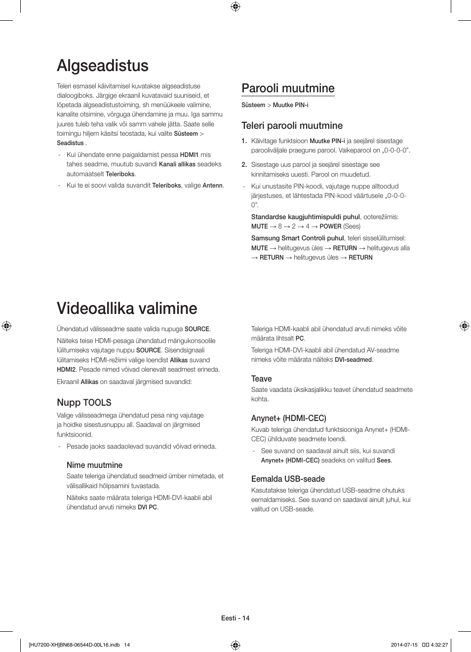 Algseadistus, Videoallika valimine, Parooli muutmine | Teleri parooli muutmine, Nupp, Tools | Samsung UE65HU7200U User Manual | Page 374 / 385