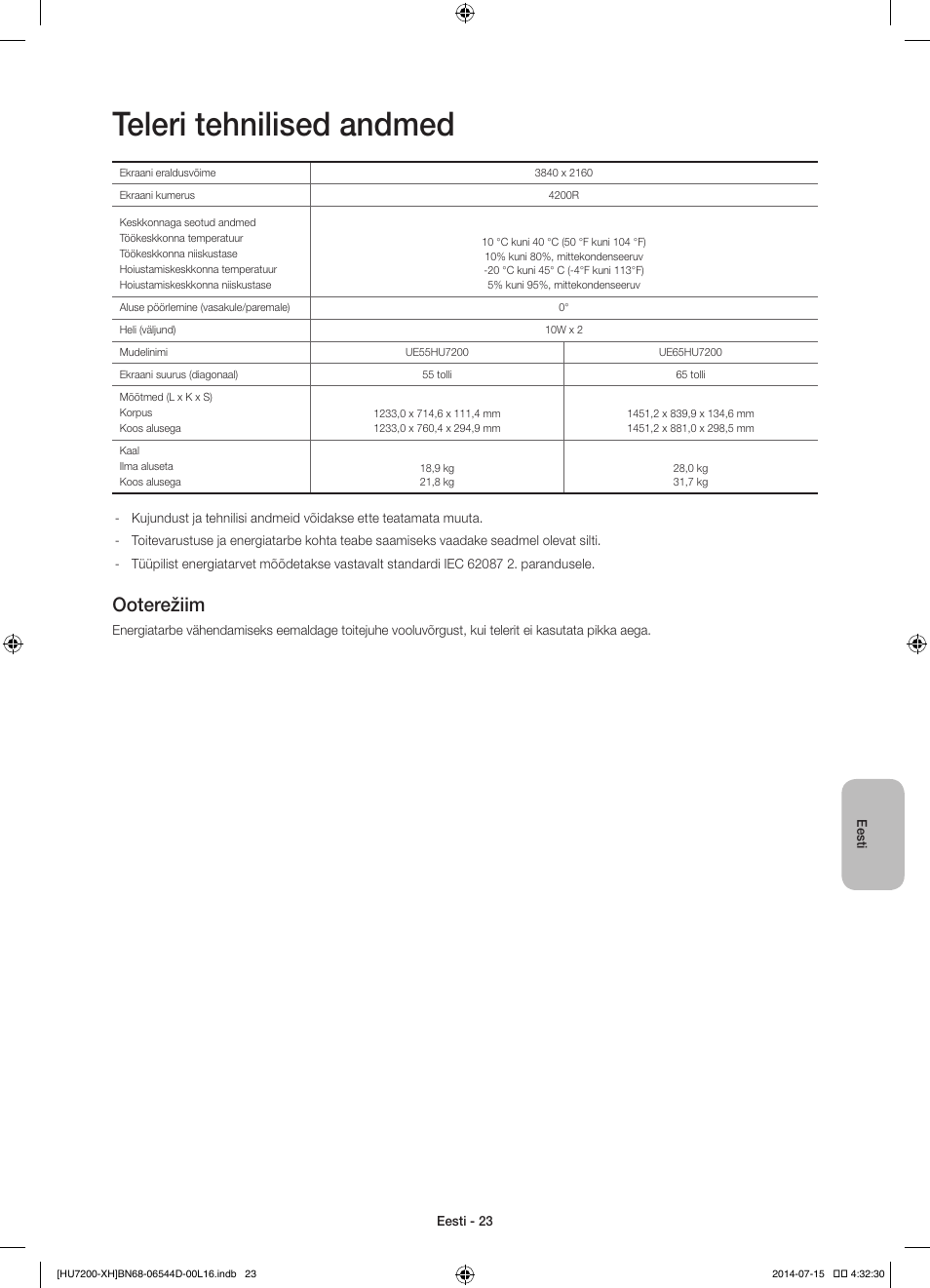 Teleri tehnilised andmed, Ooterežiim | Samsung UE65HU7200U User Manual | Page 383 / 385