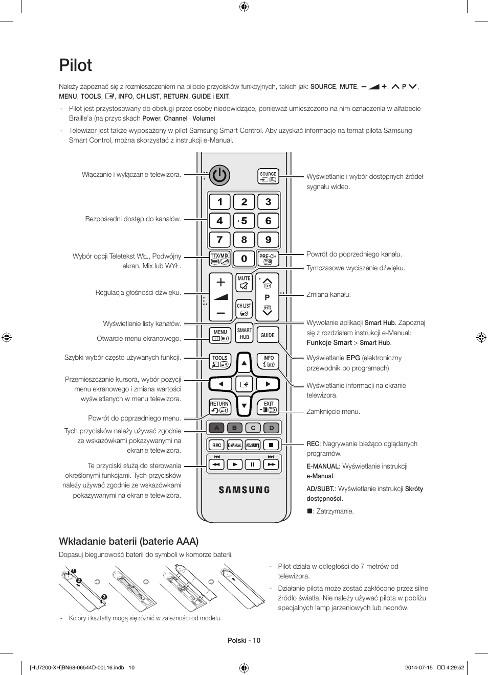 Pilot, Wkładanie baterii (baterie aaa) | Samsung UE65HU7200U User Manual | Page 58 / 385