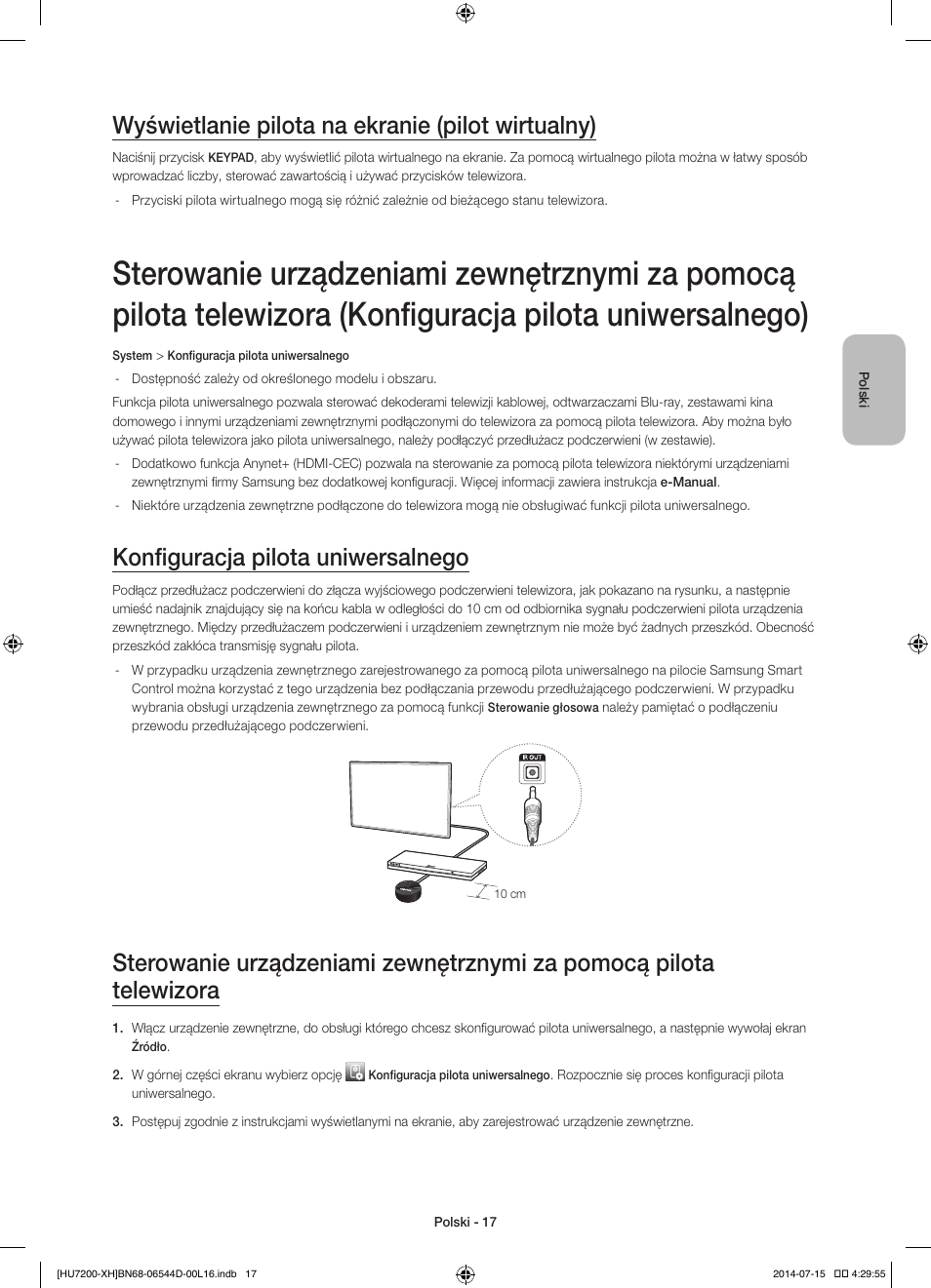 Wyświetlanie pilota na ekranie (pilot wirtualny), Konfiguracja pilota uniwersalnego | Samsung UE65HU7200U User Manual | Page 65 / 385