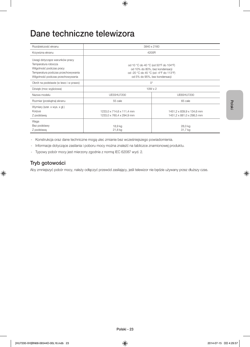 Dane techniczne telewizora, Tryb gotowości | Samsung UE65HU7200U User Manual | Page 71 / 385