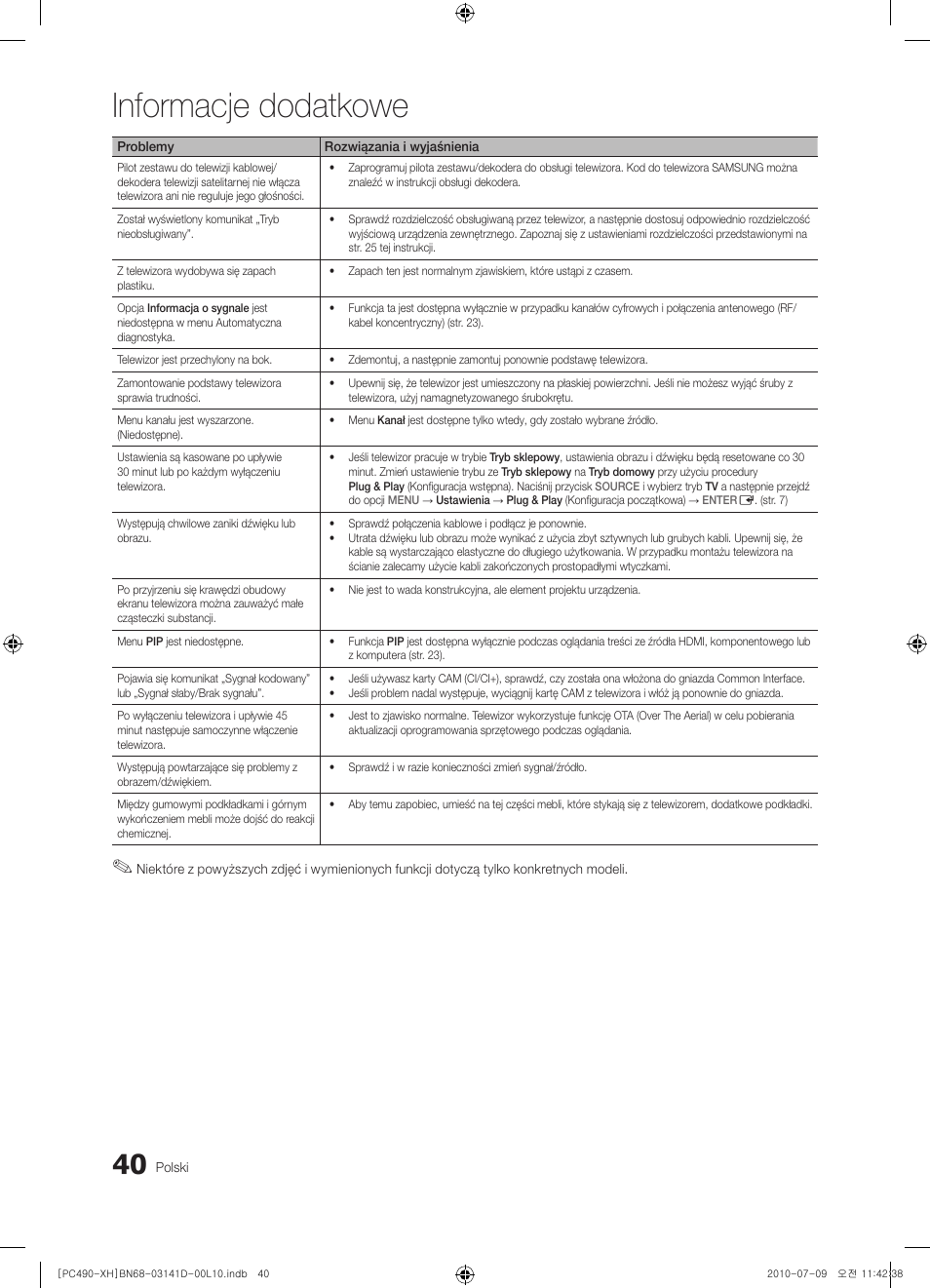 Informacje dodatkowe | Samsung PS50C490B3W User Manual | Page 124 / 422