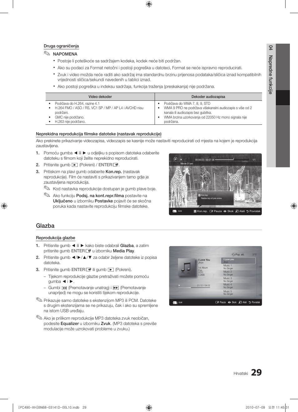 Glazba | Samsung PS50C490B3W User Manual | Page 239 / 422