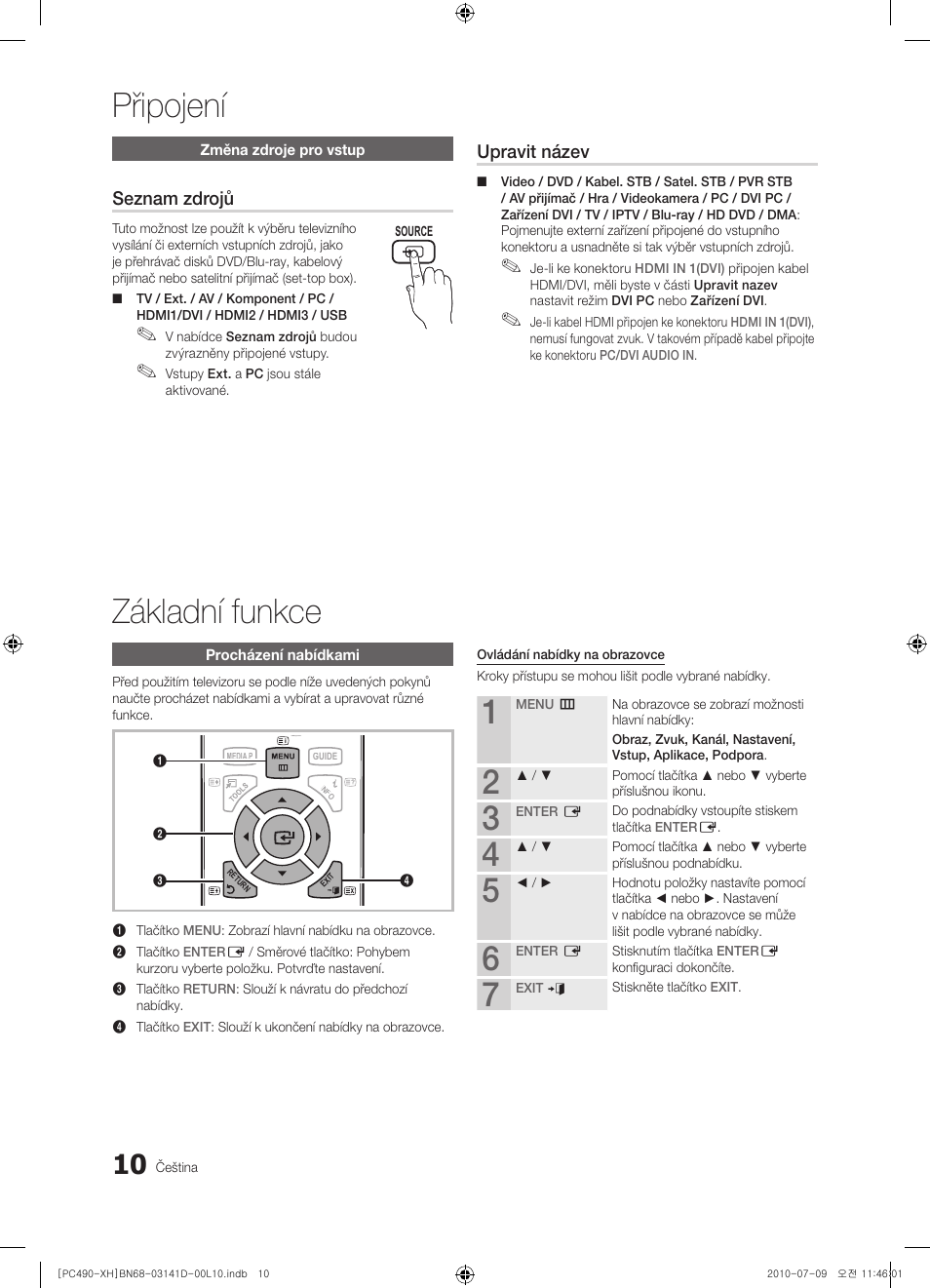 Připojení základní funkce, Seznam zdrojů, Upravit název | Samsung PS50C490B3W User Manual | Page 262 / 422