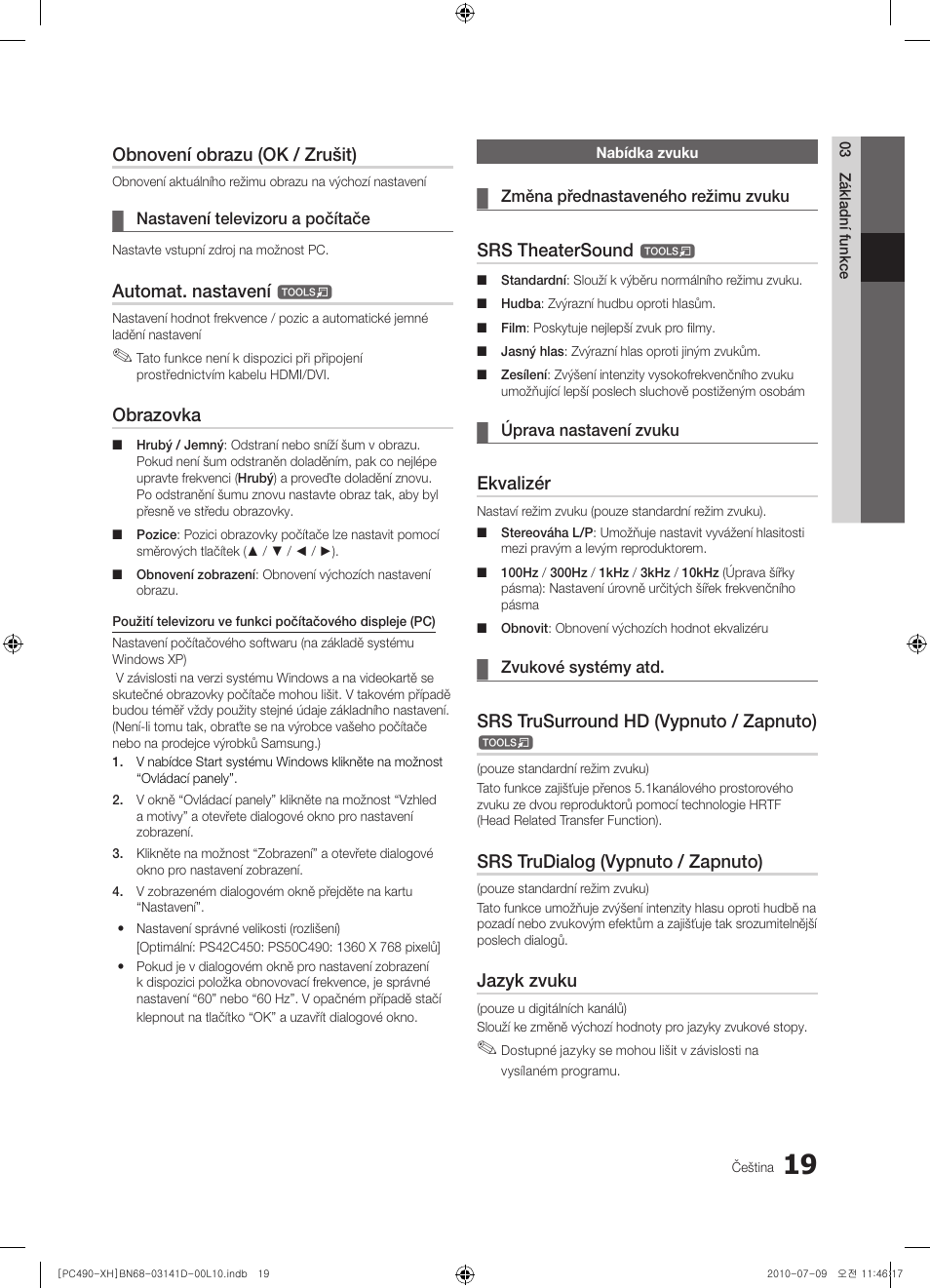 Obnovení obrazu (ok / zrušit), Automat. nastavení, Obrazovka | Srs theatersound, Ekvalizér, Srs trusurround hd (vypnuto / zapnuto), Srs trudialog (vypnuto / zapnuto), Jazyk zvuku | Samsung PS50C490B3W User Manual | Page 271 / 422
