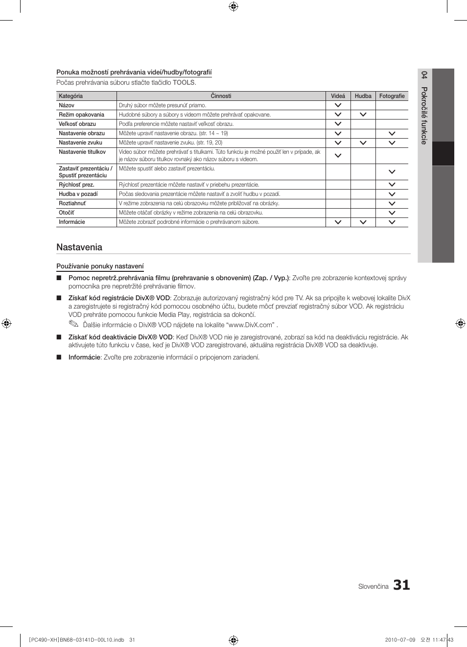 Nastavenia | Samsung PS50C490B3W User Manual | Page 325 / 422