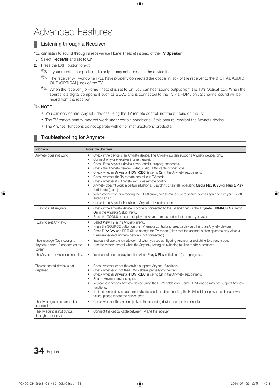 Advanced features | Samsung PS50C490B3W User Manual | Page 34 / 422