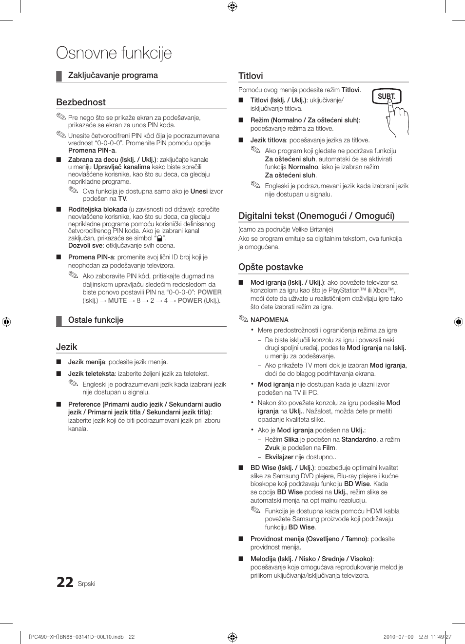 Osnovne funkcije, Bezbednost, Jezik | Titlovi, Digitalni tekst (onemogući / omogući), Opšte postavke | Samsung PS50C490B3W User Manual | Page 400 / 422
