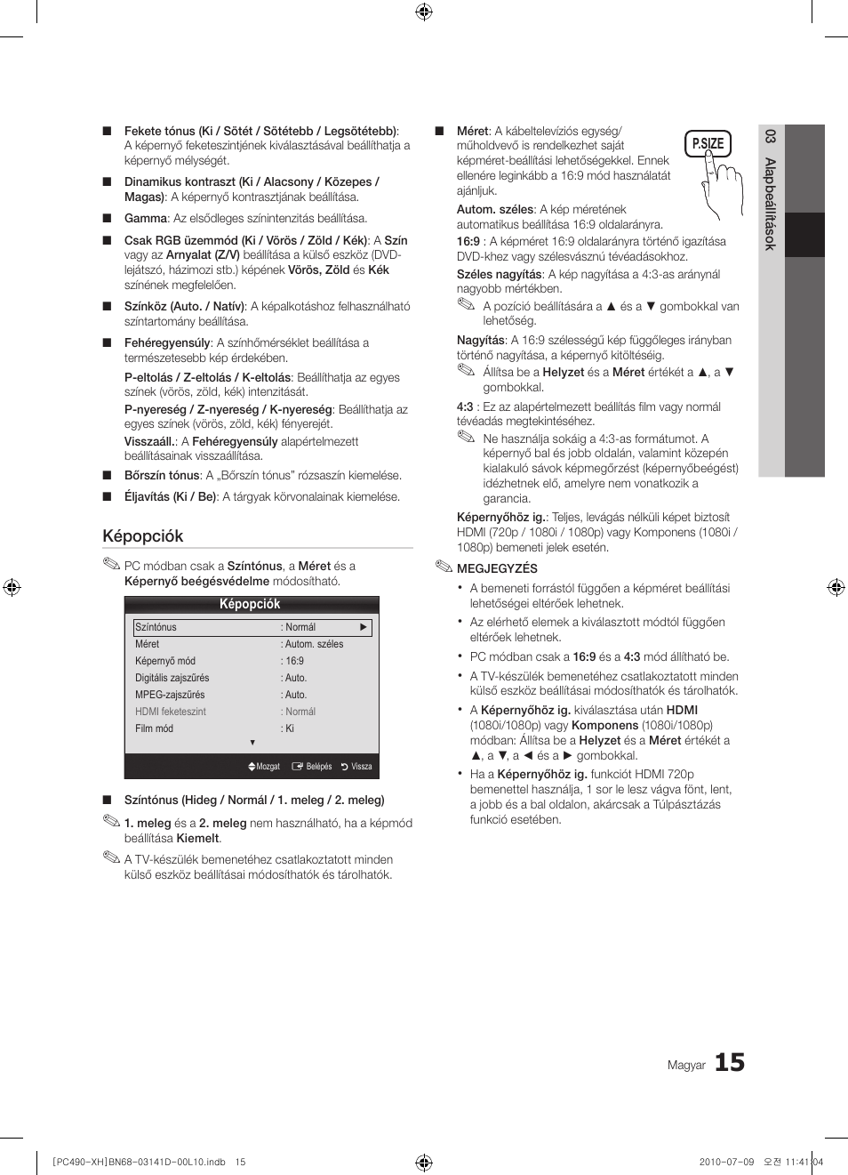 Képopciók | Samsung PS50C490B3W User Manual | Page 57 / 422