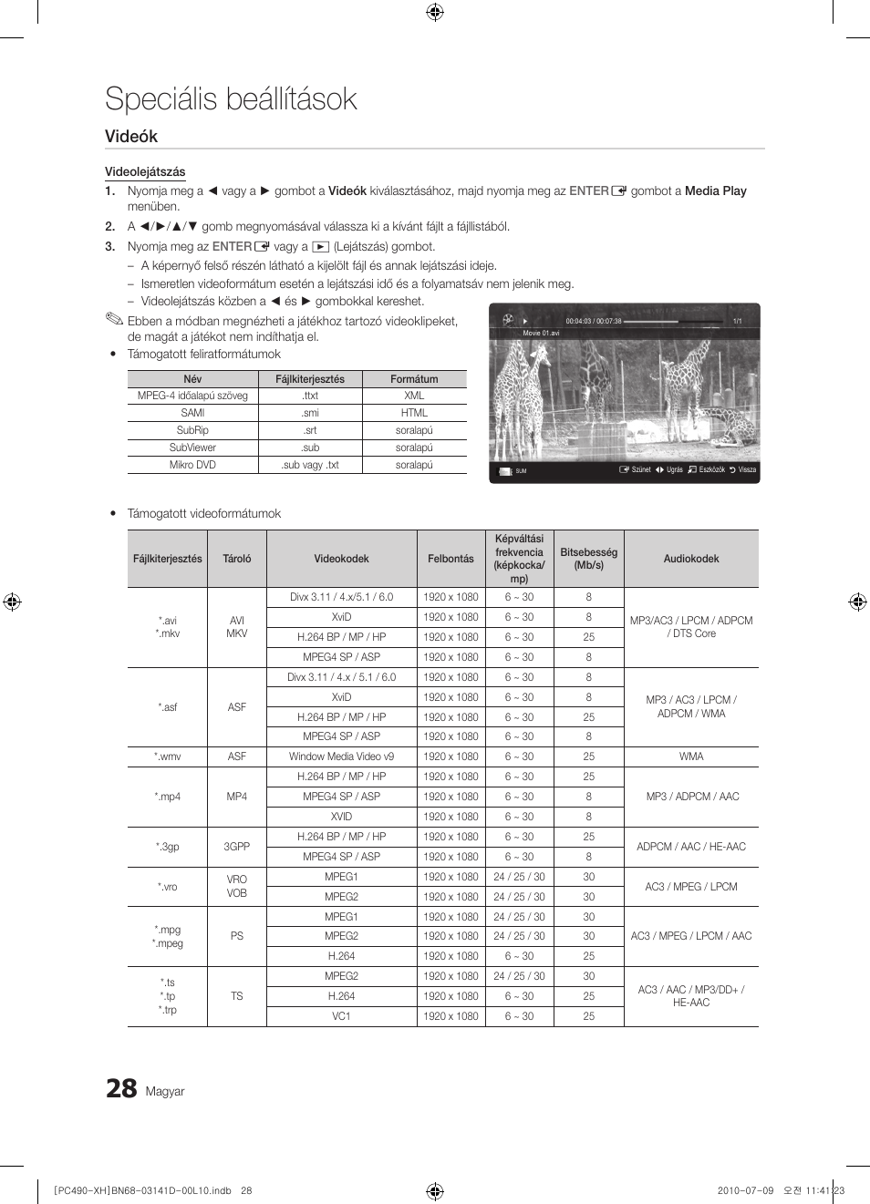 Speciális beállítások, Videók | Samsung PS50C490B3W User Manual | Page 70 / 422