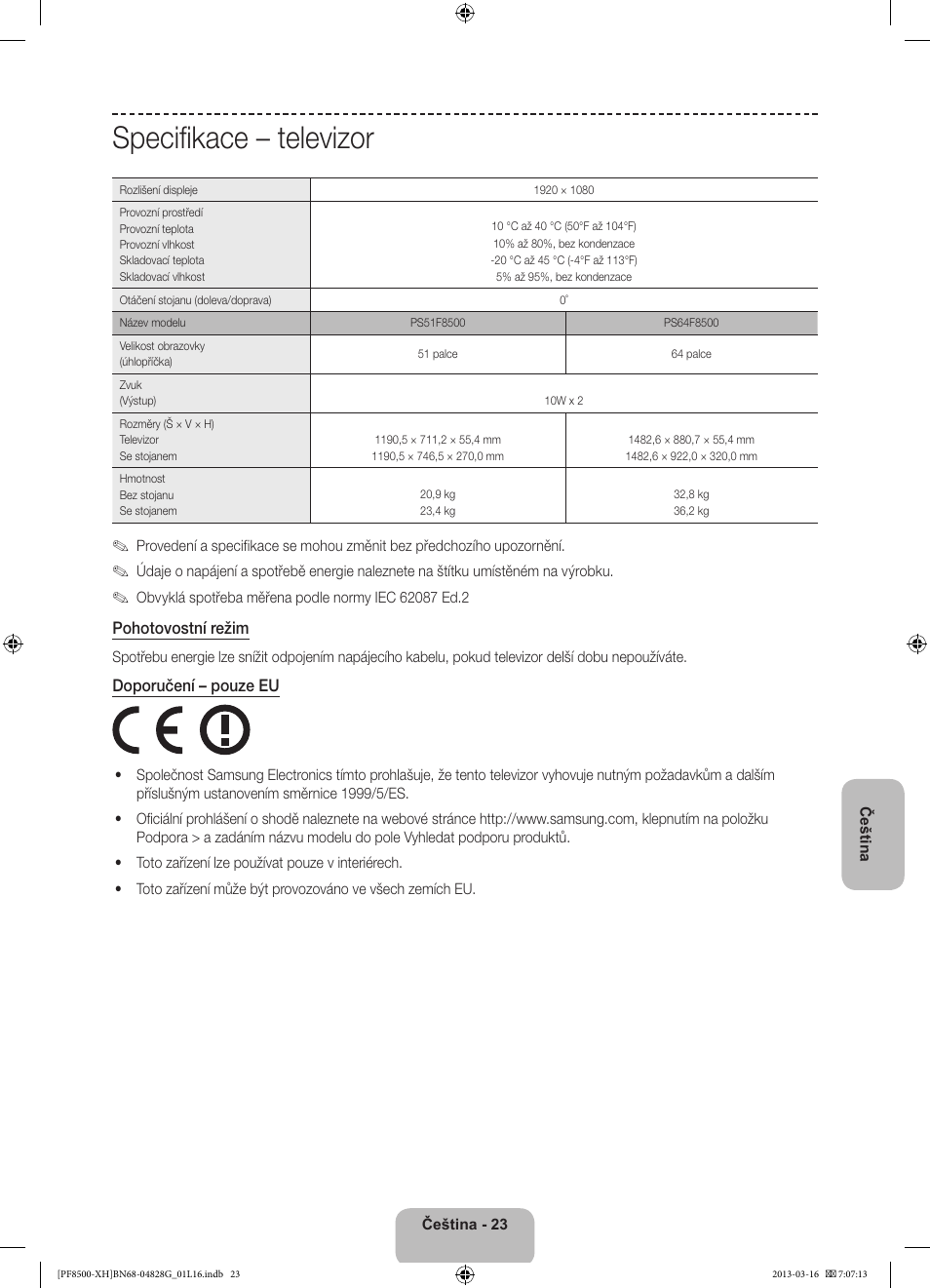 Specifikace – televizor | Samsung PS64F8500SL User Manual | Page 167 / 385