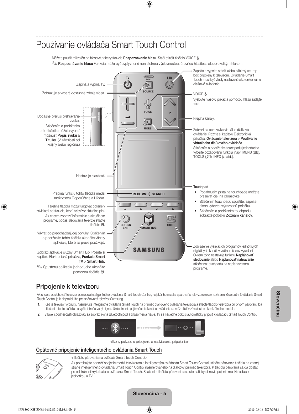 Používanie ovládača smart touch control, Pripojenie k televízoru, Slovenčina - 5 slovenčina | Samsung PS64F8500SL User Manual | Page 173 / 385