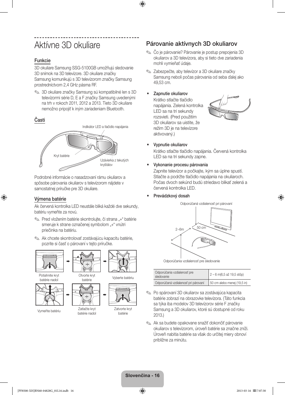 Aktívne 3d okuliare, Párovanie aktívnych 3d okuliarov | Samsung PS64F8500SL User Manual | Page 184 / 385