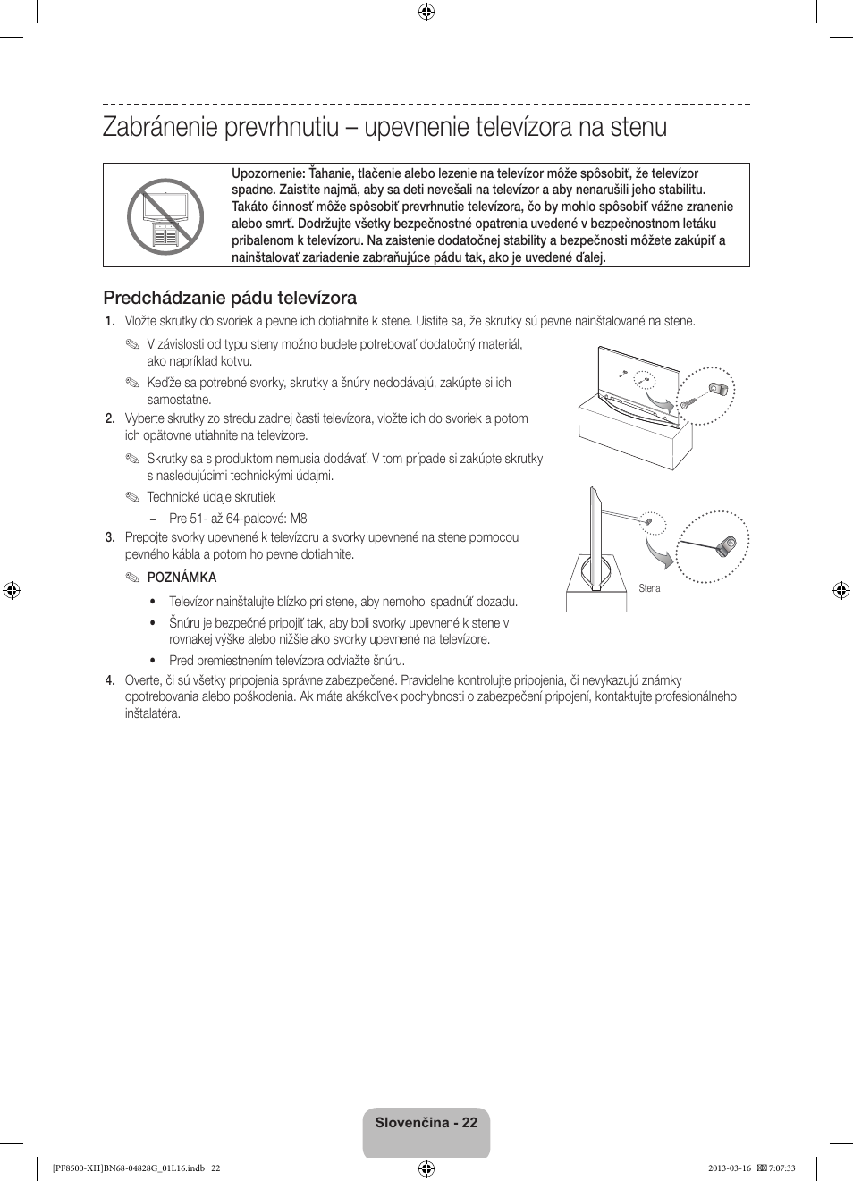 Predchádzanie pádu televízora | Samsung PS64F8500SL User Manual | Page 190 / 385