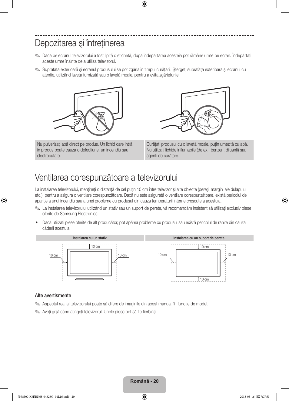 Depozitarea şi întreţinerea, Ventilarea corespunzătoare a televizorului | Samsung PS64F8500SL User Manual | Page 212 / 385