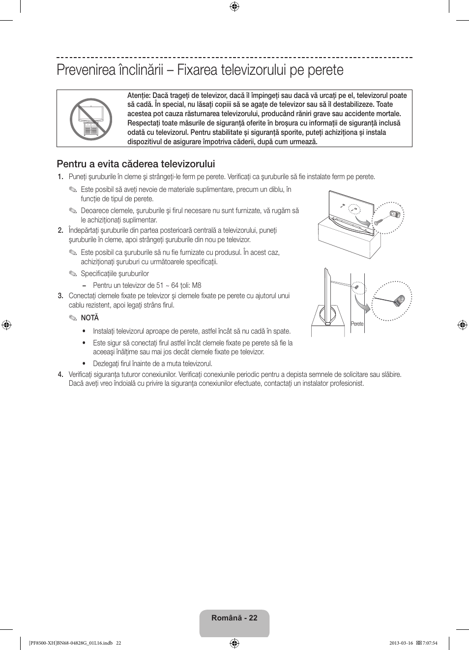 Pentru a evita căderea televizorului | Samsung PS64F8500SL User Manual | Page 214 / 385