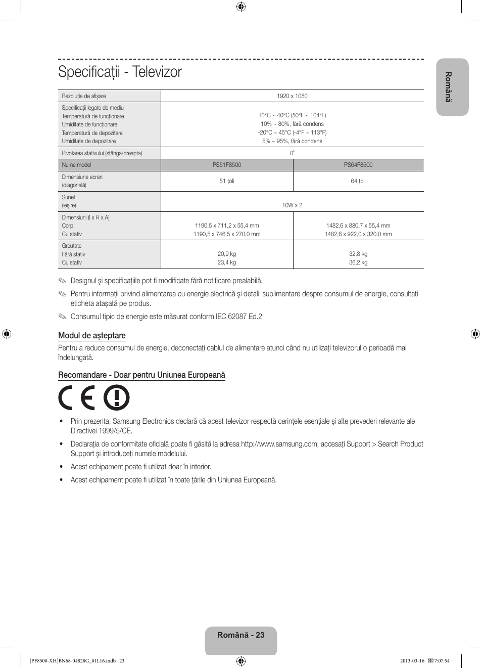 Specificaţii - televizor | Samsung PS64F8500SL User Manual | Page 215 / 385